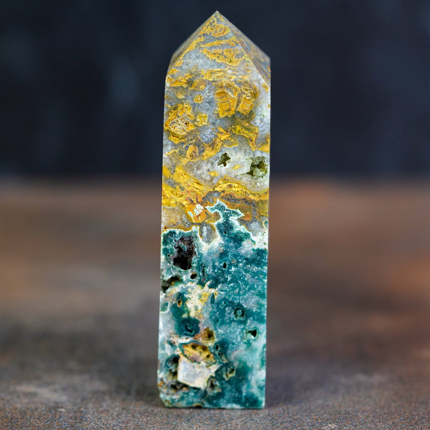 Green and Yellow Ocean Jasper Tower with Druzy Cave