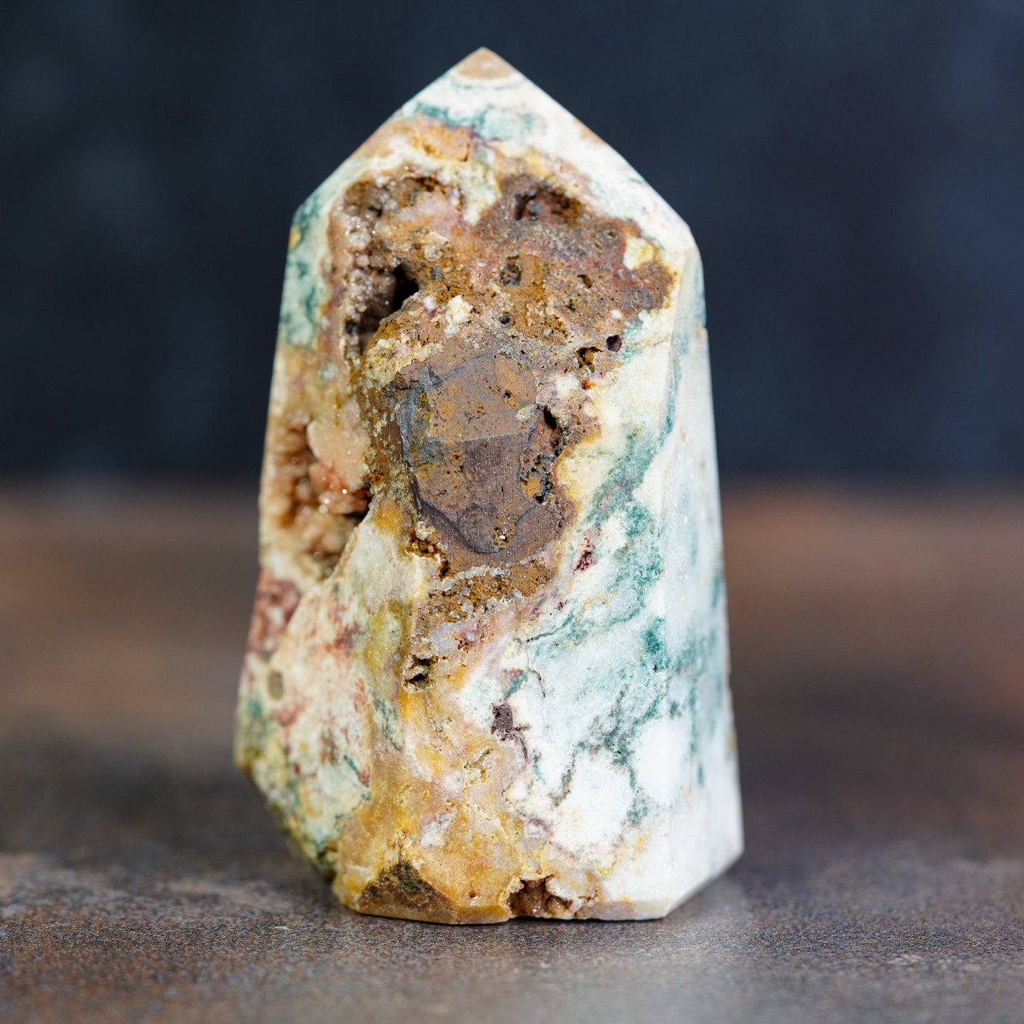 Jasper and Calcite Mineral Tower with Botryoidal Druzy