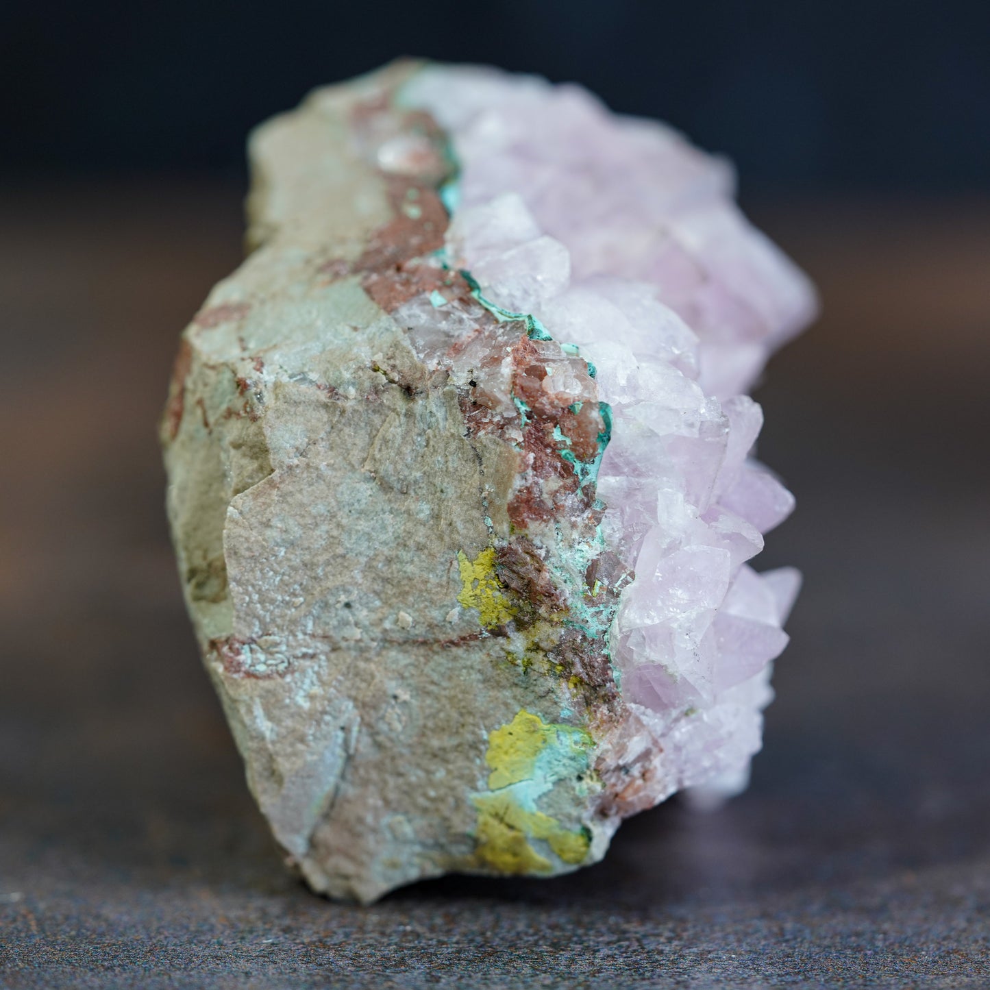 Pink Manganoan Calcite Crystal Cluster with Malachite and Chrysocolla