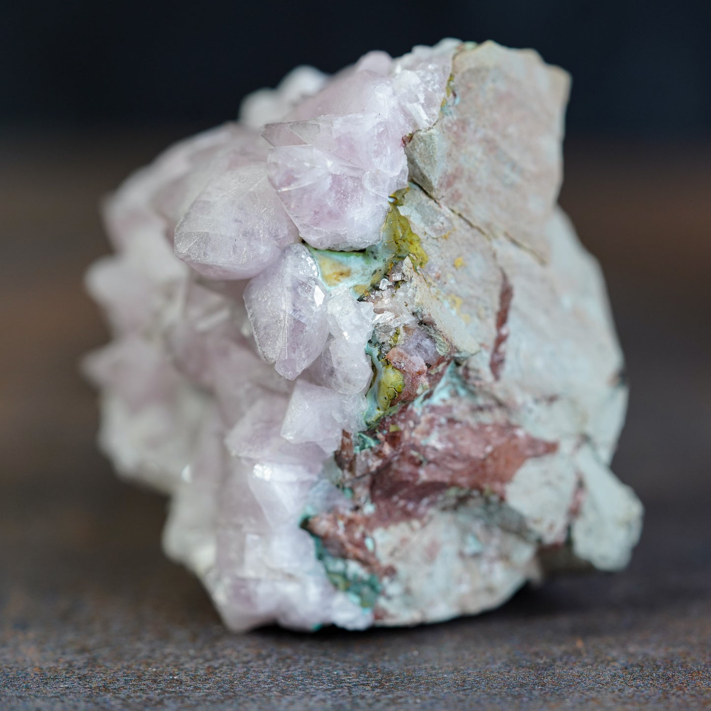 Pink Manganoan Calcite Crystal Cluster with Malachite and Chrysocolla