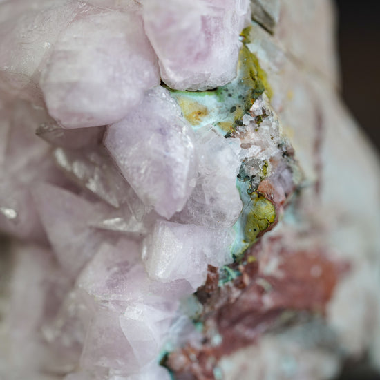 Pink Manganoan Calcite Crystal Cluster with Malachite and Chrysocolla