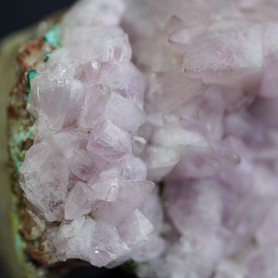 Pink Manganoan Calcite Crystal Cluster with Malachite and Chrysocolla