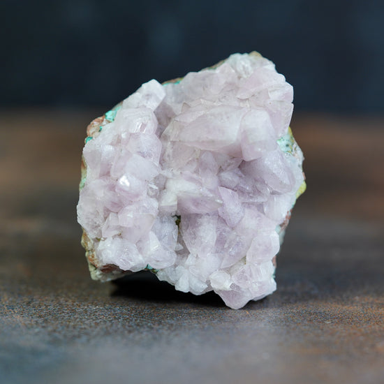 Pink Manganoan Calcite Crystal Cluster with Malachite and Chrysocolla