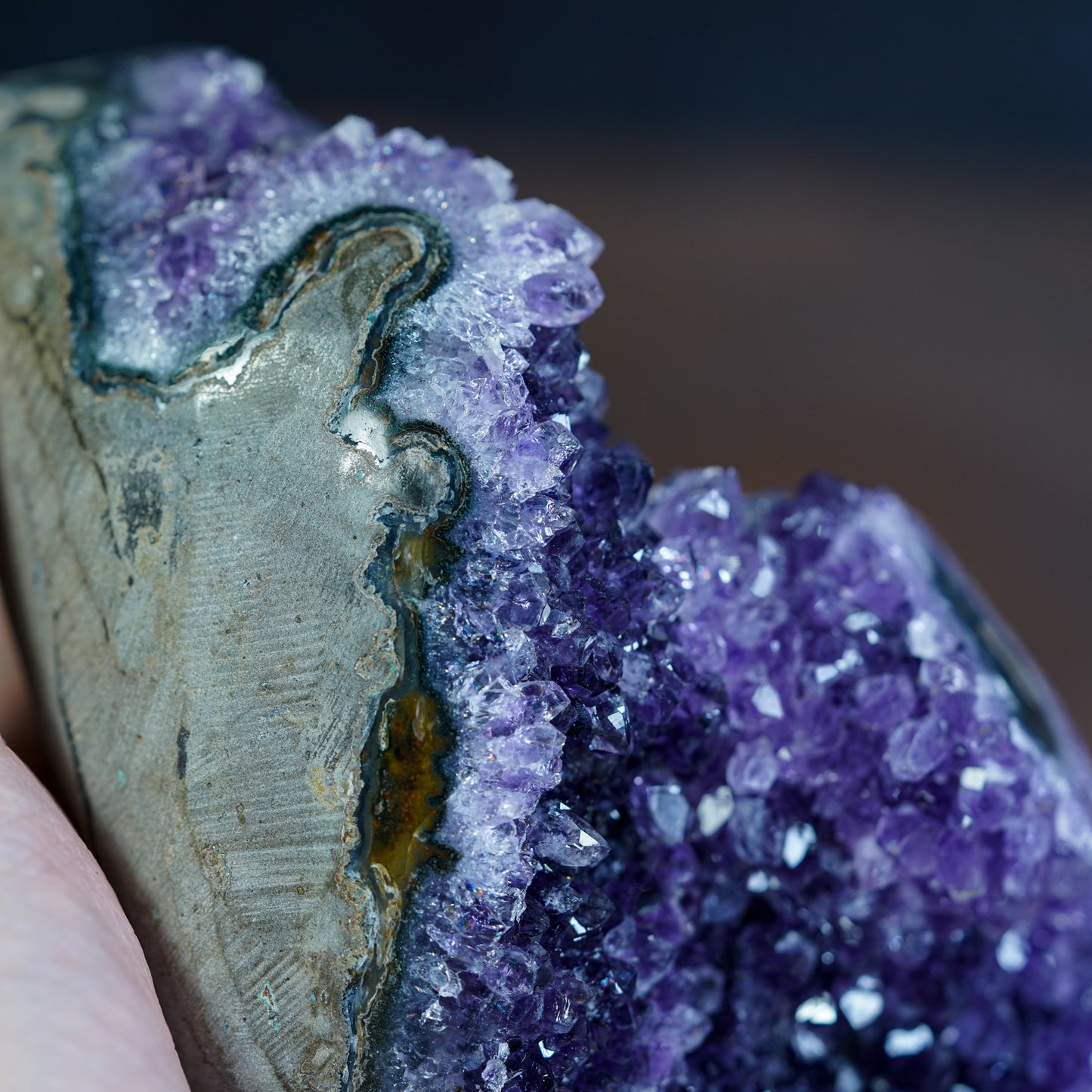 Macro shot of deep purple crystals on Uruguayan Amethyst Geode Cluster