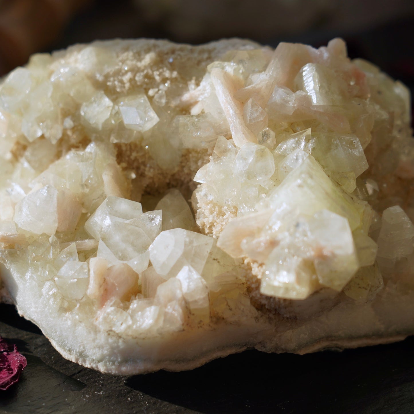 Large Green Apophyllite Peach Stilbite Left Side