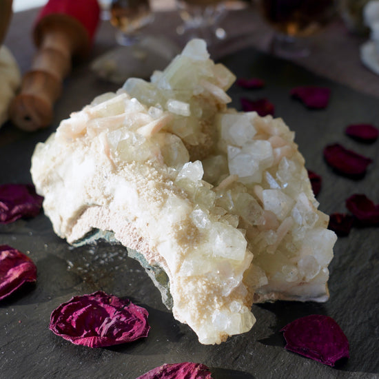 Large Green Apophyllite Peach Stilbite on Black Surface 