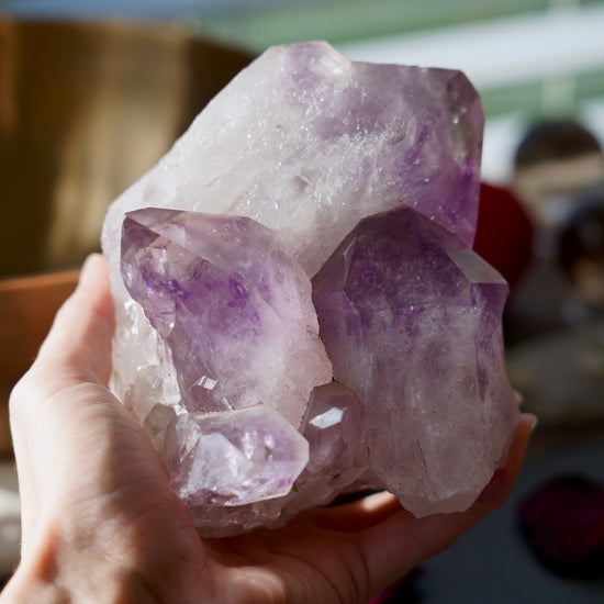 Load image into Gallery viewer, Record Keeper Amethyst Cluster In Hand
