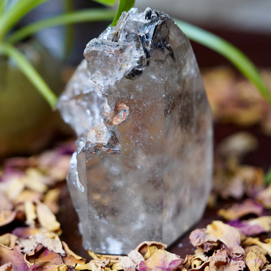 Left side of Large Clear Quartz tower with raw iron inclusions and chunky Biotite Mica crystals sticking out of tip